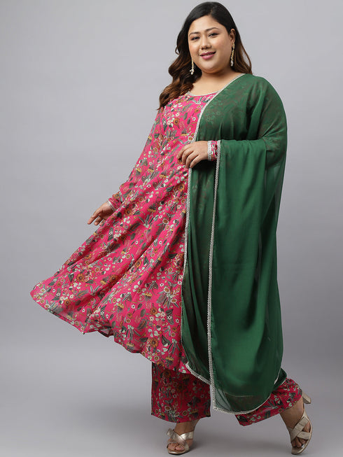 Plus Size Pink Georgette Kurta With Palazzo and Dupatta
